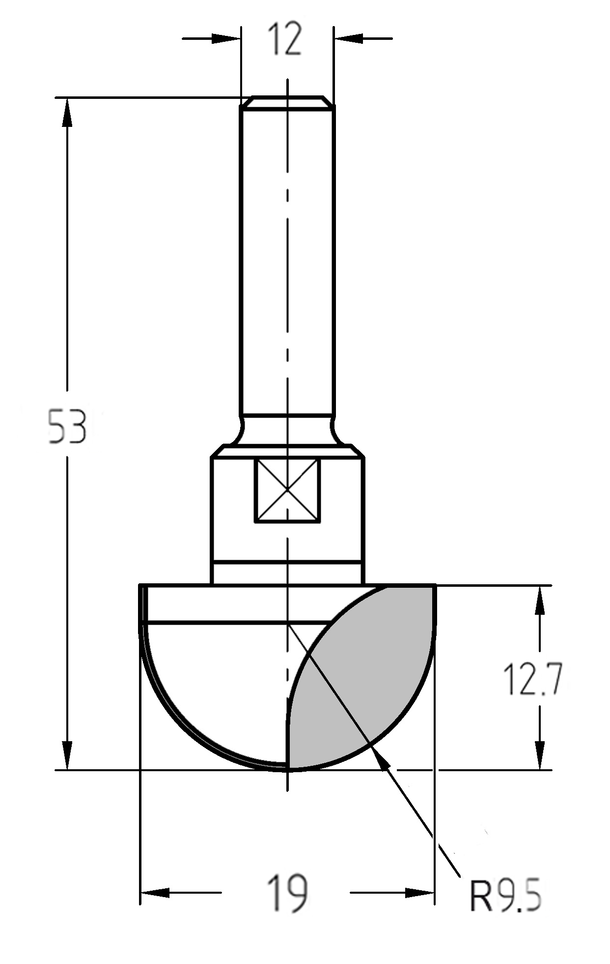 Maßzeichnung des Hohlkehlfräsers: Radius 9,5 mm, Außendurchmesser 19 mm, Nutzlänge 12,7 mm und 12 mm Schaftaufnahme.