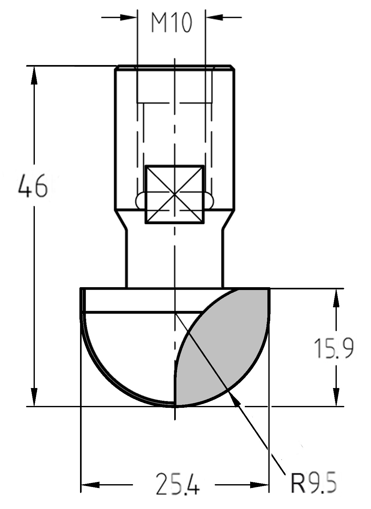 Maßzeichnung des Hohlkehlfräsers: Radius 12,7 mm, Außendurchmesser 25,4 mm, Nutzlänge 15,9 mm und M10 Gewindeanschluss.