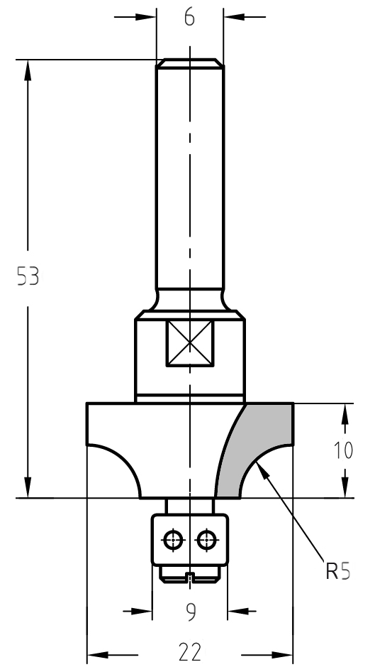 Technische Maßzeichnung des Viertelstabfräsers mit Radius 5 mm, Nutzlänge 10 mm und dem 9 mm Durchmesser des Anlauflagers.