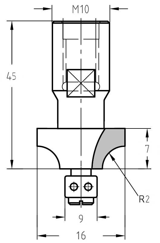 Technische Maßzeichnung des Viertelstabfräsers mit Radius 2 mm, Nutzlänge 7 mm, M10-Anschluss und dem 9 mm Durchmesser des Anlauflagers.