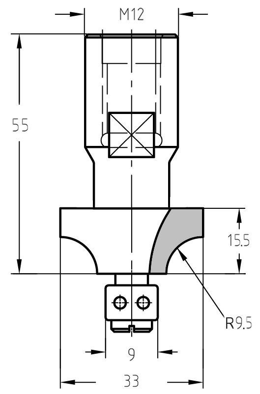 Technische Maßzeichnung des Viertelstabfräsers mit Radius 9,5 mm, Nutzlänge 15,5 mm, M12-Anschluss und 9 mm Anlauflager.