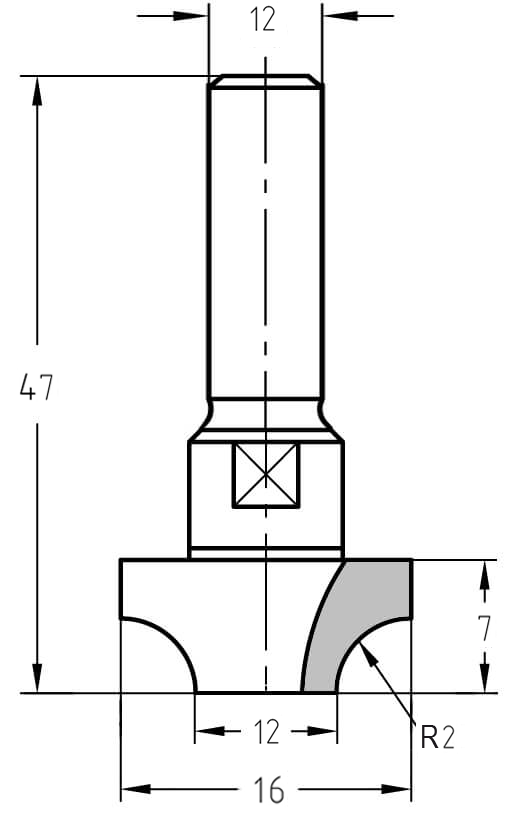 Technische Maßzeichnung des Viertelstabfräsers R 2 mm: Oberer Durchmesser 16 mm, unterer Durchmesser 12 mm, 12 mm Schaft und Nutzlänge 7 mm.