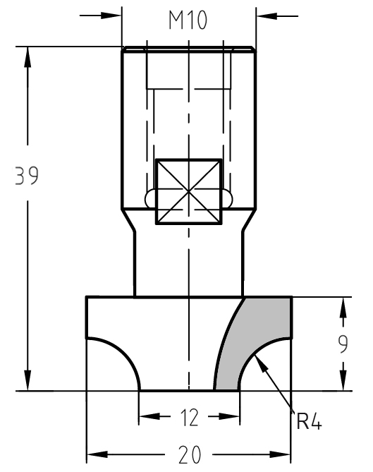 Technische Maßzeichnung des Viertelstabfräsers R 4 mm: Oberer Durchmesser 20 mm, unterer Durchmesser 12 mm, M10-Gewinde und Nutzlänge 9 mm.