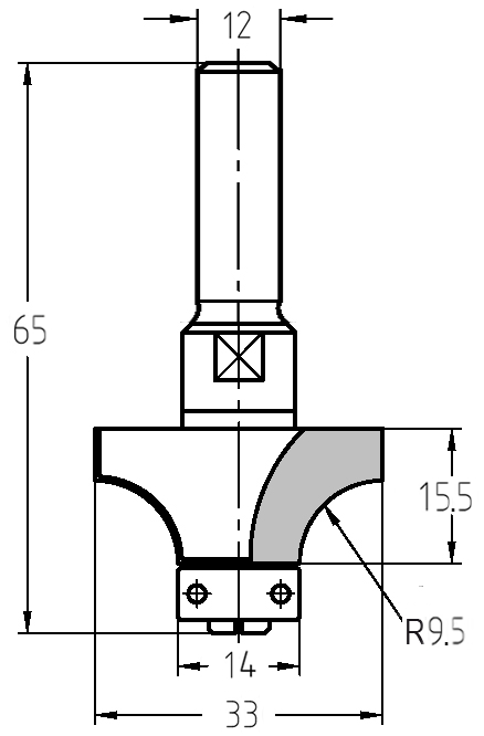 Maßzeichnung JSO Abrundfräser: Durchmesser 33 mm, Radius 9,5 mm, verstärktes Lager 14 mm, Gesamtlänge 65 mm.