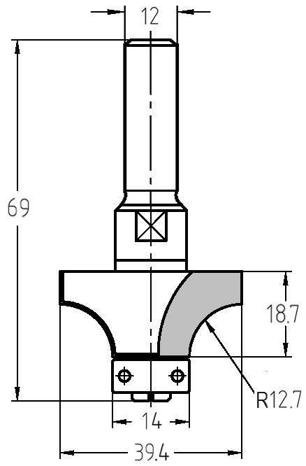 Maßzeichnung JSO Abrundfräser: Durchmesser 39,4 mm, Radius 12,7 mm, verstärktes Lager 14 mm, Nutzlänge 18,7 mm, Gesamtlänge 69 mm.