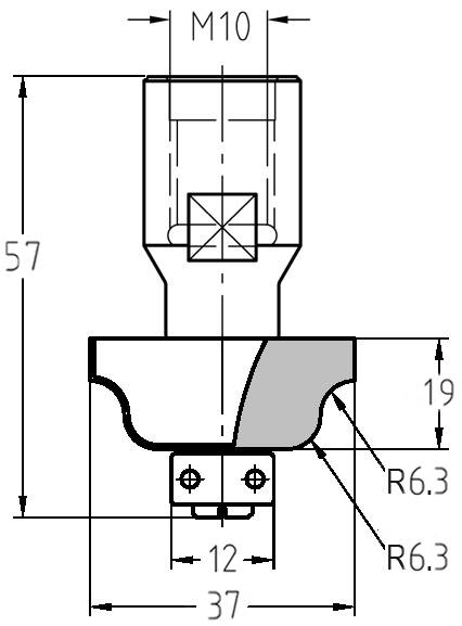 Maßzeichnung des Karnis-Profilfräsers: Details zu 37 mm Durchmesser, M10-Anschluss und dem markanten R 6,3 mm S-Profil.