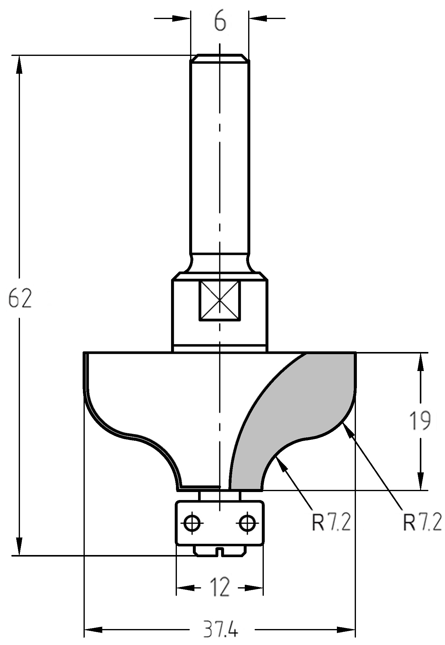 Technische Zeichnung des S-Profilfräsers mit Maßen: 37,4 mm Durchmesser, 19 mm Nutzlänge und Darstellung des 12 mm Anlauflagers.