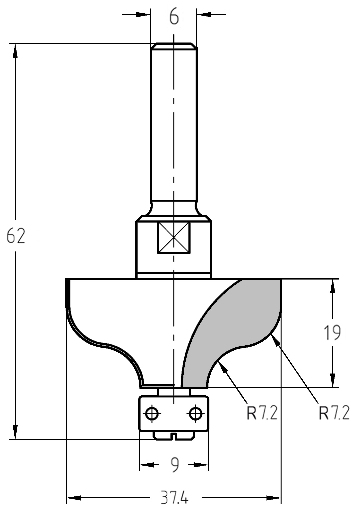 Technische Zeichnung des S-Profilfräsers mit Maßen: 37,4 mm Durchmesser, 19 mm Nutzlänge und Darstellung des 9 mm Anlauflagers.