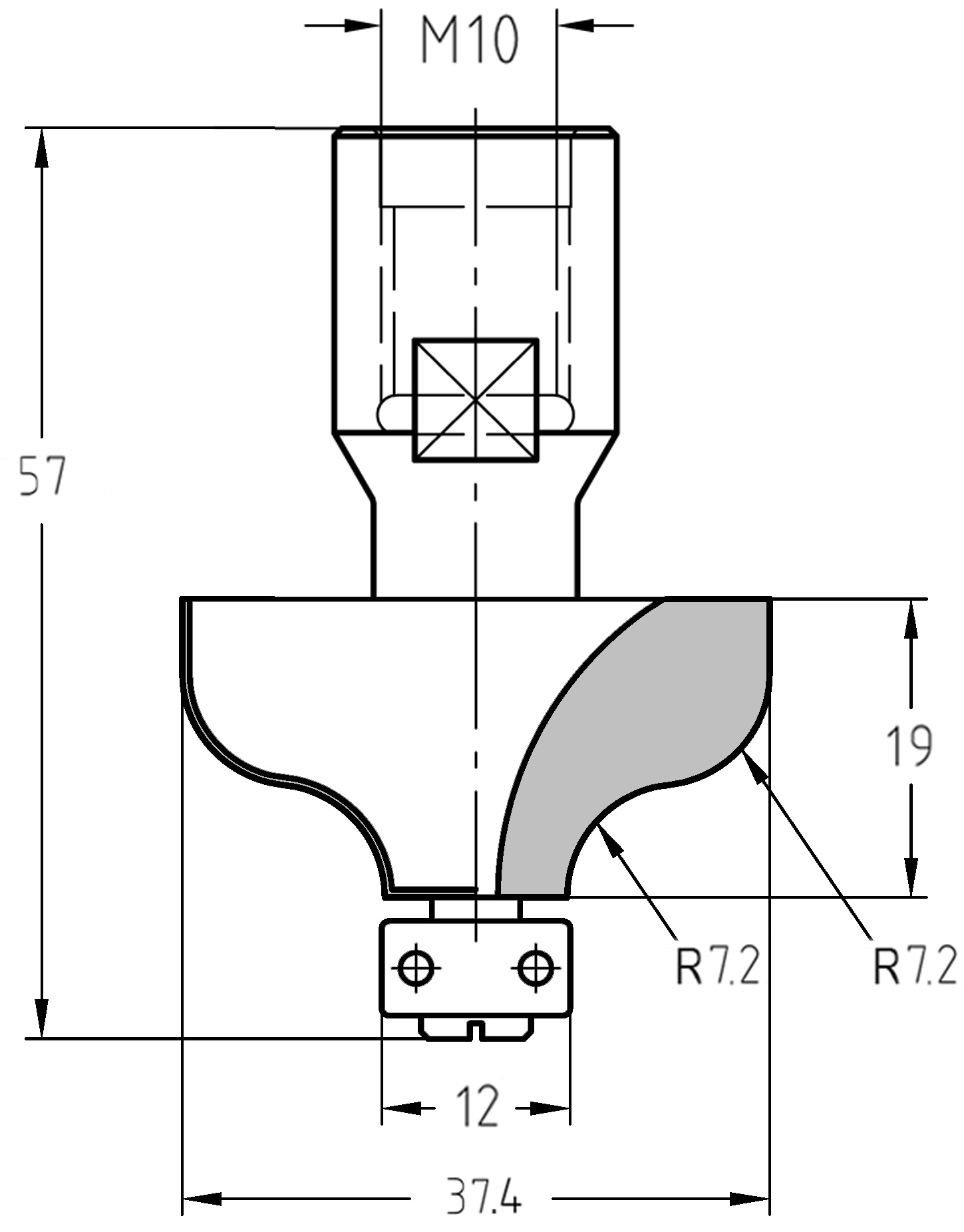 Maßzeichnung des S-Profilfräsers mit M10-Aufnahme, 37,4 mm Durchmesser und den doppelten 7,2 mm Radien inklusive Anlauflager-Position.