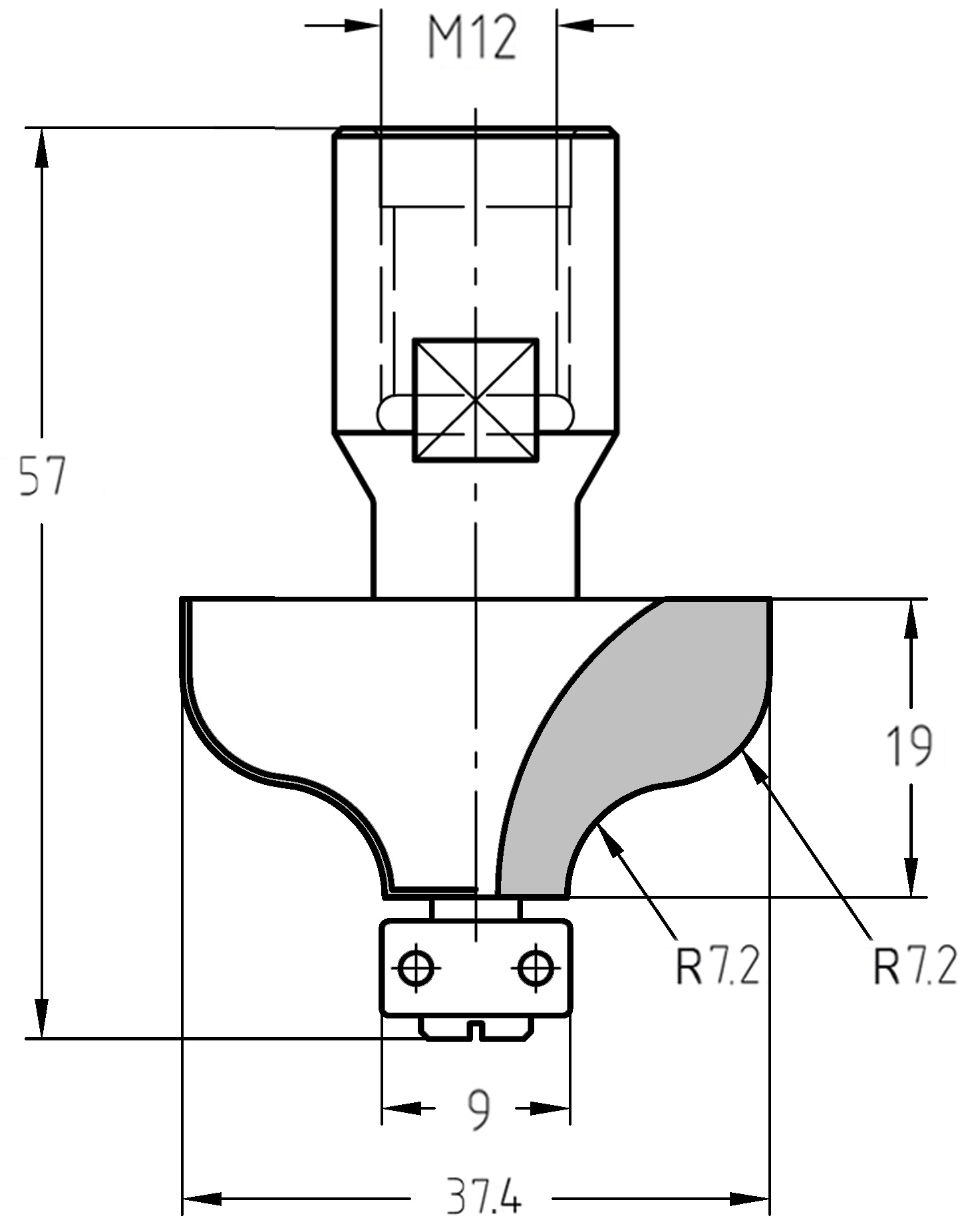 Maßzeichnung des S-Profilfräsers mit M12-Anschluss, 37,4 mm Durchmesser und Darstellung der doppelten 7,2 mm Radien inklusive Kantenführung.