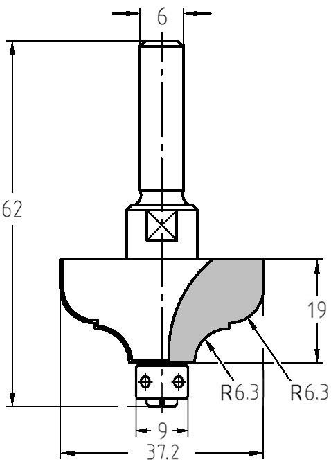 Technische Zeichnung des Multiprofilfräsers: Maße für Durchmesser (37,2 mm), 6,3 mm Doppelradius und Darstellung des 9 mm Anlauflagers.