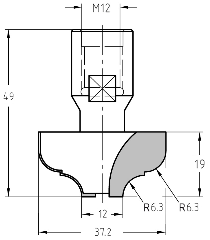 Technische Zeichnung des Multiprofilfräsers: M12-Anschluss, 37,2 mm Durchmesser und Darstellung der kombinierten 6,3 mm Radien für das klassische Dekor.