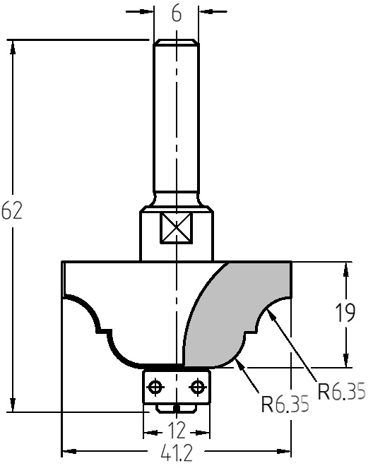 Technische Maßzeichnung des JSO Konterprofilfräsers mit genauen Bemaßungen für Durchmesser (41,2 mm), Nutzlänge (19 mm) und Radius (6,35 mm).