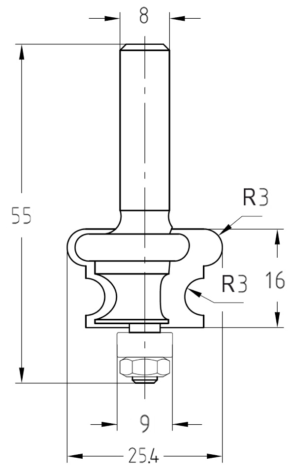 Technische Zeichnung des Multiprofilfräsers: Details zu 25,4 mm Durchmesser, 16 mm Nutzlänge und den feinen 3,0 mm Doppelradien.
