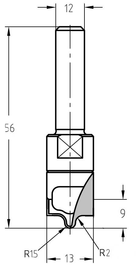 Technische Zeichnung des Ziernutfräsers mit Maßen: 13 mm Durchmesser, 12 mm Schaftaufnahme und Darstellung der abgestuften Radien R 1,5 mm und R 2,0 mm.