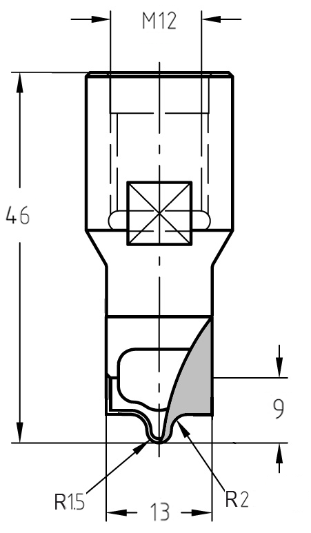 Maßzeichnung des Ziernutfräsers: Details zu 13 mm Durchmesser, M12-Anschluss und der Geometrie der kombinierten 1,5 mm und 2,0 mm Radien.
