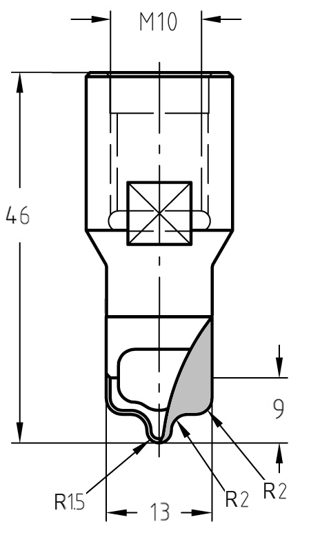 Maßzeichnung des Ziernutfräsers: Details zu 13 mm Durchmesser, M10-Anschluss und der Geometrie des abgestuften Dreifach-Profils (R 1,5 / 2,0 / 2,0 mm).
