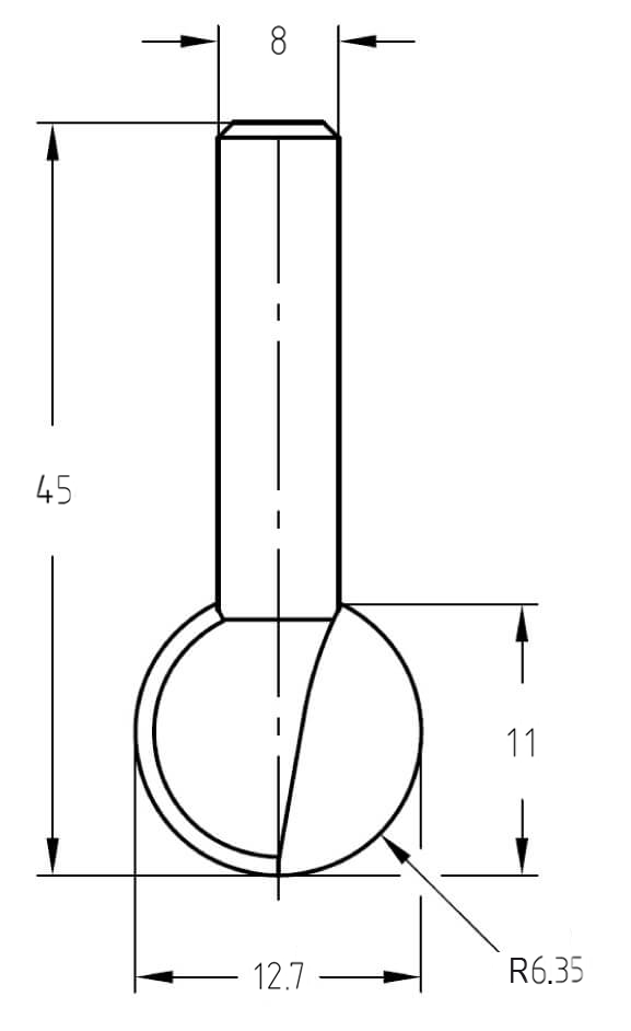 Maßzeichnung des Kugelfräsers: Radius 6,35 mm, Gesamtdurchmesser 12,7 mm, Nutzlänge 11 mm und 8 mm Schaft.
