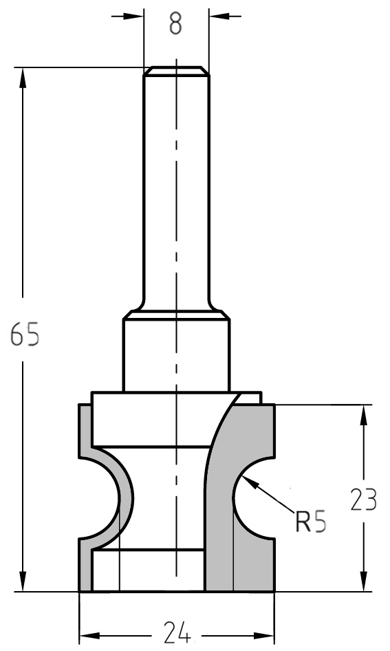 Technische Maßzeichnung des JSO Halbstabfräsers mit Bemaßungen für Durchmesser 24 mm, Nutzlänge 23 mm, Radius 5 mm und Gesamtlänge 65 mm.