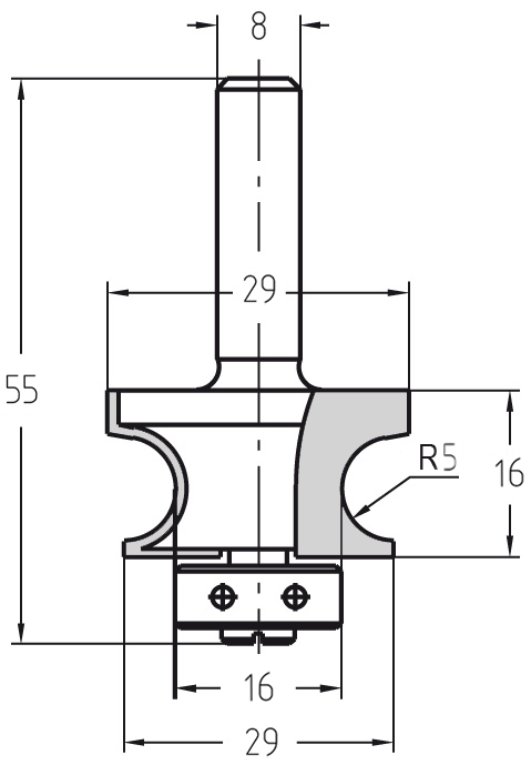 Technische Maßzeichnung des JSO Wulstprofilfräsers mit genauen Angaben für Durchmesser 29 mm, Nutzlänge 16 mm, Radius 5 mm und Gesamtlänge 55 mm.