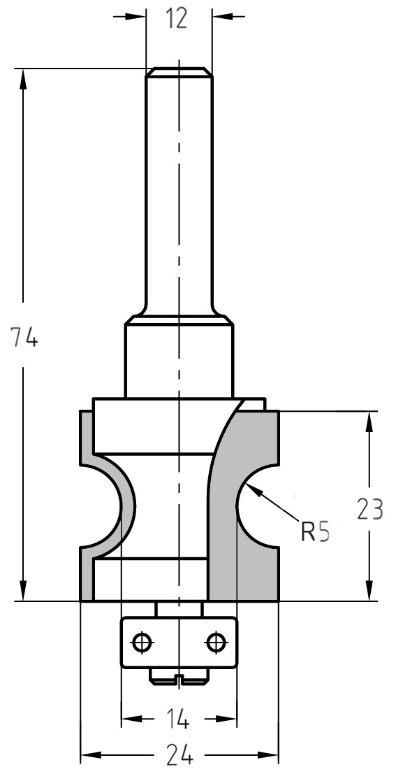 Technische Maßzeichnung des Halbstabfräsers R 5 mm mit Details zu Durchmesser (24 mm), Nutzlänge (23 mm) und 12 mm Schaftaufnahme.