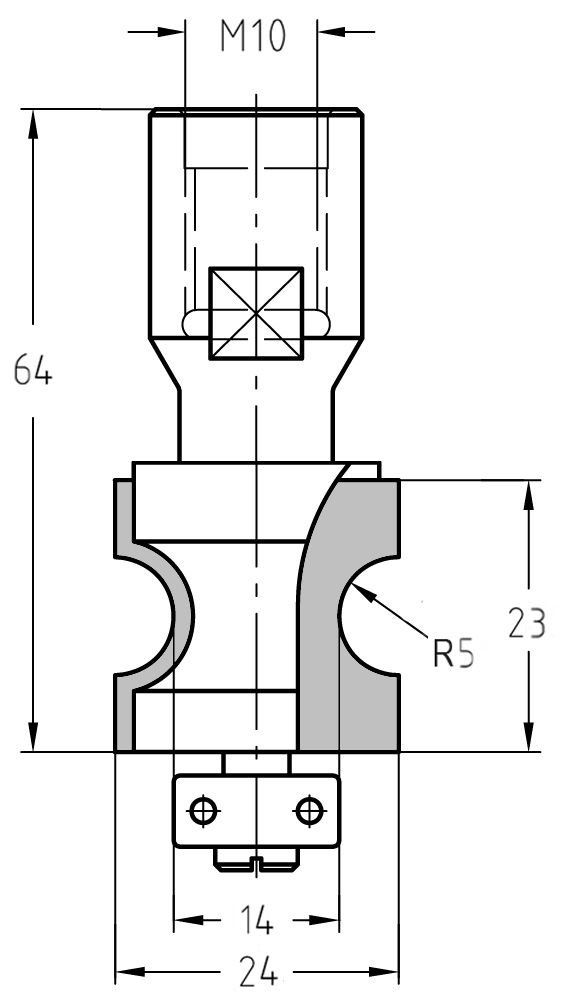 Technische Maßzeichnung des Halbstabfräsers R 5 mm mit M10-Gewindeanschluss, Durchmesser 24 mm und Nutzlänge 23 mm.