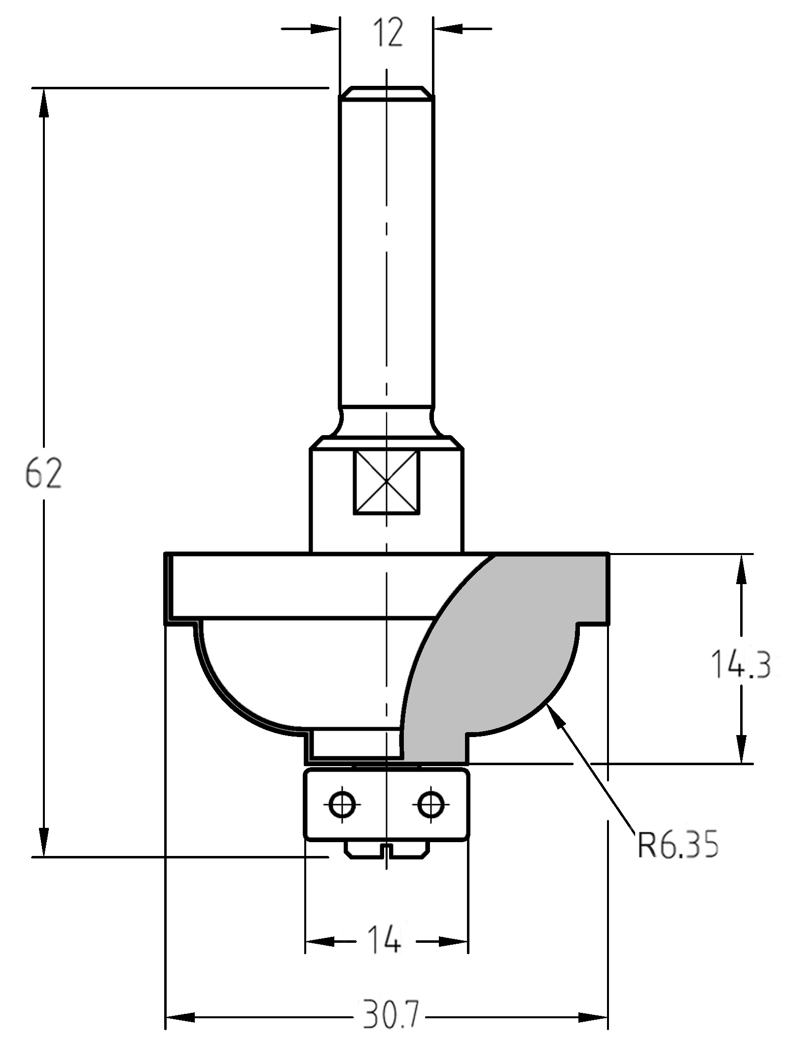 Maßzeichnung des Karnis-Profilfräsers: Details zu 30,7 mm Durchmesser, 12 mm Schaft und dem harmonischen R 6,35 mm S-Profil.
