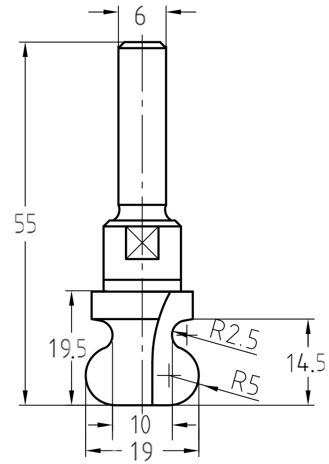 Maßzeichnung des Griffmuldenfräsers: Details zum großen Durchmesser von 19 mm, dem kleinen Durchmesser von 10 mm und den Radien R 2,5/5 mm.