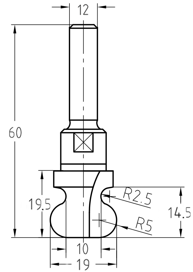 Maßzeichnung des Griffmuldenfräsers: Details zum großen Durchmesser von 19 mm, dem kleinen Durchmesser von 10 mm und den kombinierten R 2,5/5 mm Radien.