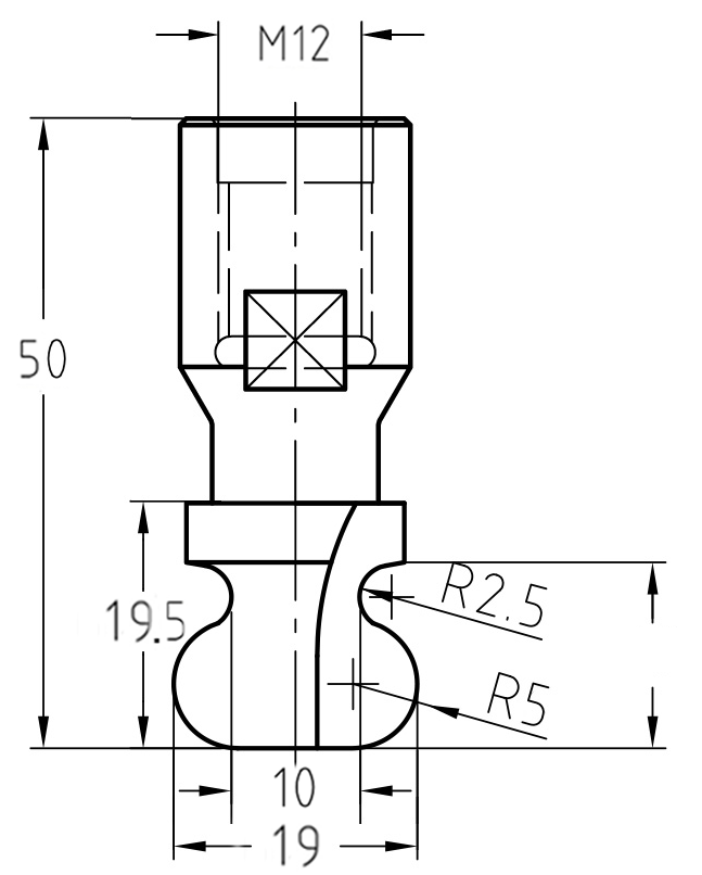 Maßzeichnung des Griffmuldenfräsers: Details zu 19 mm großem Durchmesser, 10 mm kleinem Durchmesser und dem M12-Anschluss.