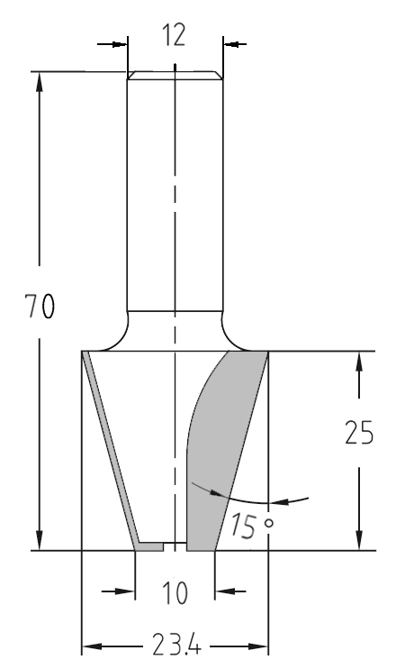 Technische Maßzeichnung des 15-Grad-Fasenfräsers ohne Lager mit genauen Maßen für den großen Durchmesser (23,4 mm), den kleinen Durchmesser (10 mm) und die Nutzlänge (25 mm).