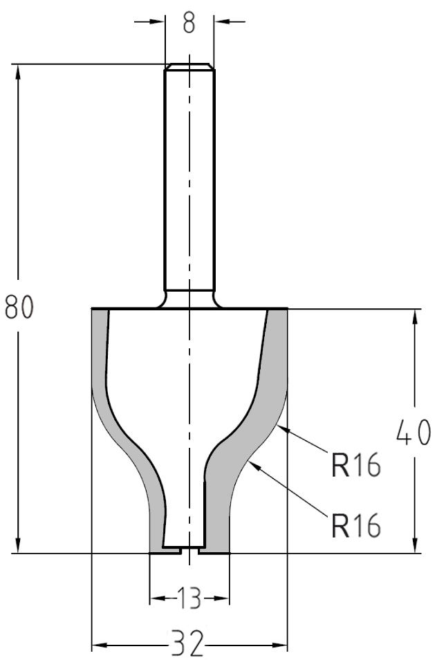 Technische Zeichnung des Abplattfräsers mit Maßen: 32 mm Durchmesser, 40 mm Nutzlänge und Darstellung des R 16 mm Doppelprofils.
