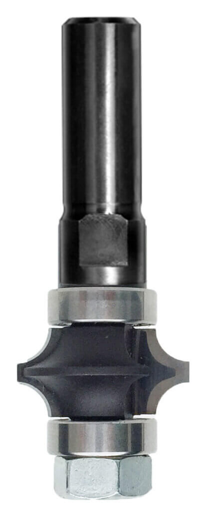 JSO Spitzkantenfräser mit Hartmetall-Schneiden, massivem 12 mm Schaft und zwei 16 mm Anlauflagern für die professionelle Kantenbearbeitung.