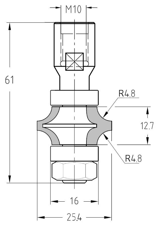 Maßzeichnung des Spitzkantenfräsers mit M10-Anschluss, 25,4 mm Durchmesser und Darstellung der doppelten 4,8 mm Radien.