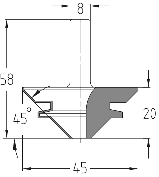 Technische Maßzeichnung des AKE Gehrungsfräsers mit Angaben für Durchmesser 45 mm, Nutzlänge 20 mm, 45-Winkel und Gesamtlänge 58 mm.