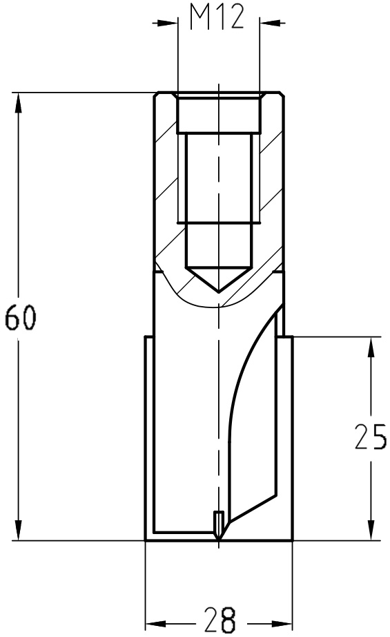 Technische Zeichnung JSO Nutfräser HW Ø 20 mm NL 25 mm mit M12 Innengewinde – Maße für stationäre Oberfräsen