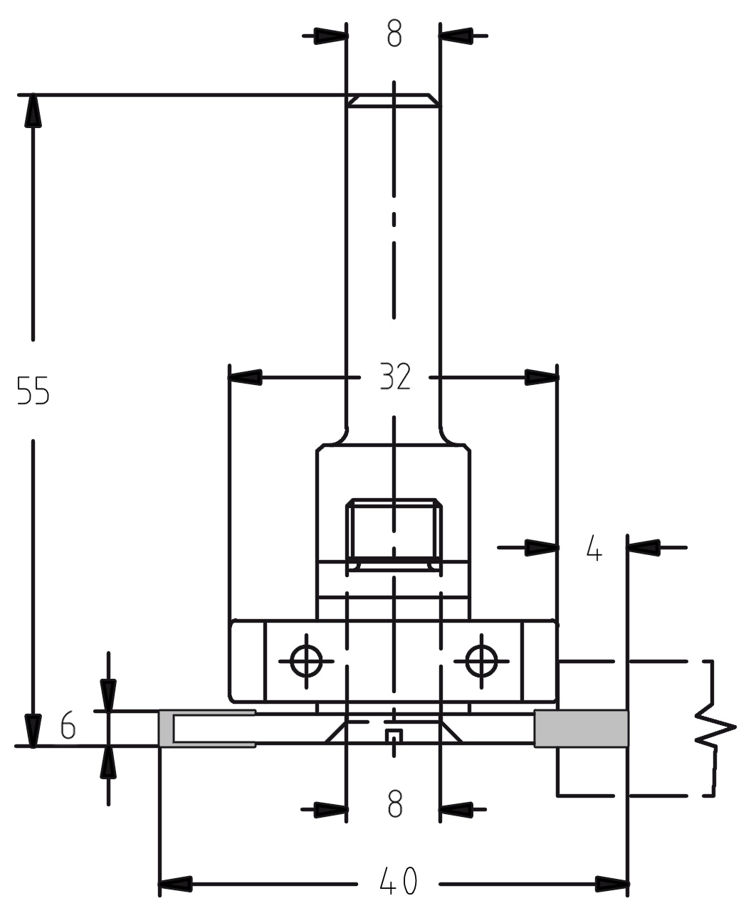 Technische Maßzeichnung des JSO Konterprofilfräsers mit genauen Angaben für Durchmesser (40 mm), Schnittbreite (6 mm), Schnitttiefe (4 mm) und die Gesamtlänge (55 mm).