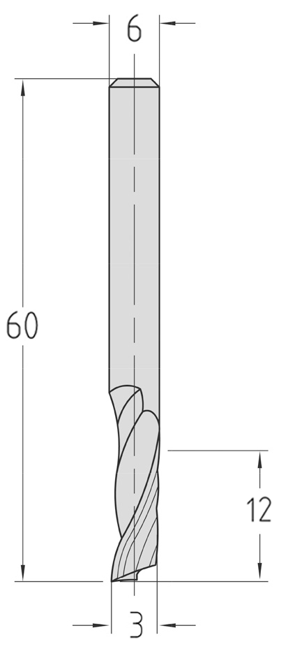 Technische Maßzeichnung des JSO VHW Einzahnfräsers (Ø 3 mm, Nutzlänge 12 mm, Gesamtlänge 60 mm) mit exakter Kennzeichnung des verstärkten S6-Schafts und der rechtsgedrallten Schneidenspirale.