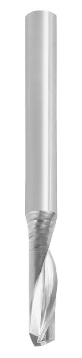 JSO CNC-Einzahn-Schlichtfräser aus massivem Vollhartmetall (VHW) in extra langer Ausführung mit scharfer Z=1 Helix-Schneidengeometrie, poliertem Spanraum, 6 mm Durchmesser, 40 mm Nutzlänge und zylindrischem 6 mm Schaft im Holzfräsershop.