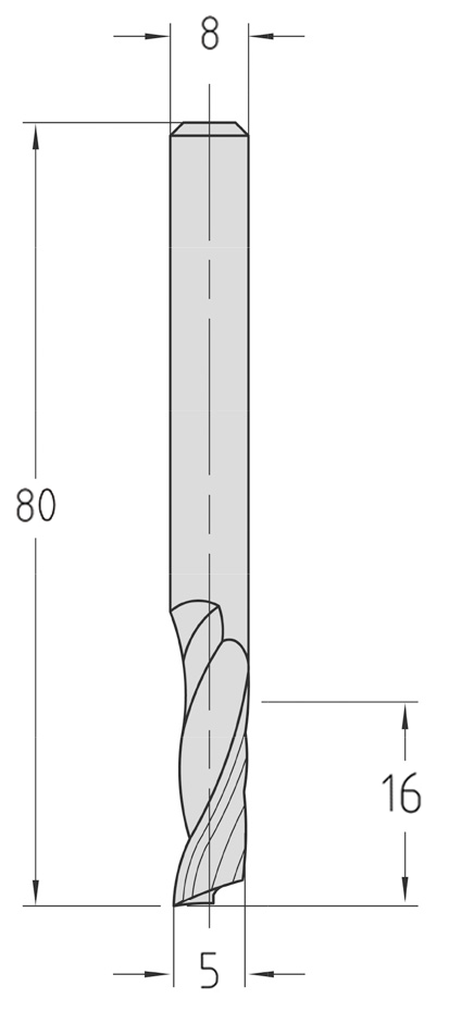 Technische Maßzeichnung des JSO VHW Einzahnfräsers (Ø 5 mm, effektive Nutzlänge 16 mm, Halsfreistellung bis 35 mm, Gesamtlänge 80 mm) mit exakter Kennzeichnung der abgesetzten Geometrie.