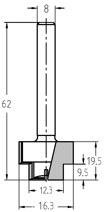 Maßzeichnung des Stufenfräsers: Details zu den Durchmessern 16,3/12,3 mm sowie den Nutzlängen 19,5/9,5 mm.
