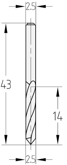 Technische Zeichnung des JSO Spiralbohrers VHW Ø 2,5mm Spirallänge 14mm mit Schaft 2,5mm und GL 43mm im Holzfräsershop.