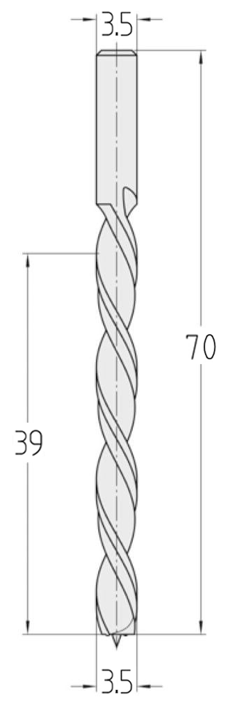 Technische Zeichnung des JSO Spiralbohrers HS Ø 3,5mm Spirallänge 39mm, Linkslauf, Schaft 3,5mm und GL 70mm im Holzfräsershop.