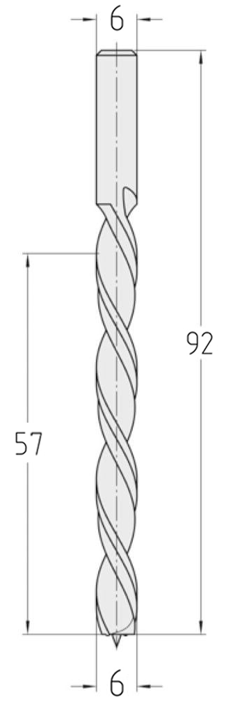 Technische Zeichnung des JSO Spiralbohrers HS Ø 6mm Spirallänge 57mm, Linkslauf, Schaft 6mm und GL 92mm im Holzfräsershop.