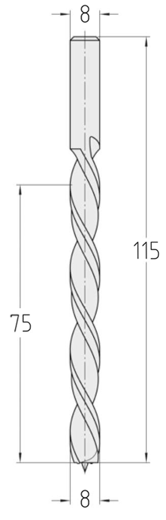Technische Zeichnung des JSO Spiralbohrers HS Ø 8mm Spirallänge 75mm, Linkslauf, Schaft 8mm und GL 115mm im Holzfräsershop.