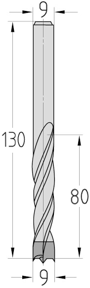 Technische Zeichnung des JSO Spiralbohrers HW Ø 9mm Spirallänge 80mm mit Schaft 9mm und GL 130mm im Holzfräsershop.