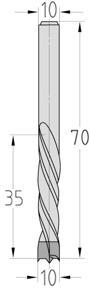 Technische Zeichnung des JSO Spiralbohrers HW Ø 10mm Spirallänge 35mm Linkslauf mit Schaft 10mm und GL 70mm im Holzfräsershop.