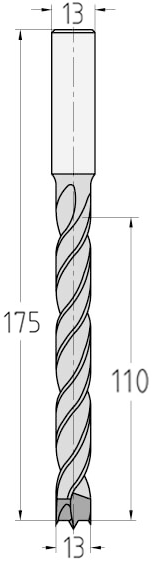 Technische Zeichnung des JSO Spiralbohrers HW Ø 13mm Nutzlänge 110mm, Zentrierspitze und GL 175mm im Holzfräsershop.