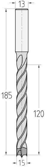 Technische Zeichnung des JSO Spiralbohrers HW Ø 15mm Spirallänge 120mm, Zentrierspitze und GL 185mm im Holzfräsershop.