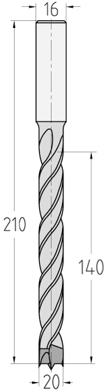 Technische Zeichnung des JSO Spiralbohrers HW Ø 20mm Spirallänge 140mm, Zentrierspitze und GL 210mm im Holzfräsershop.